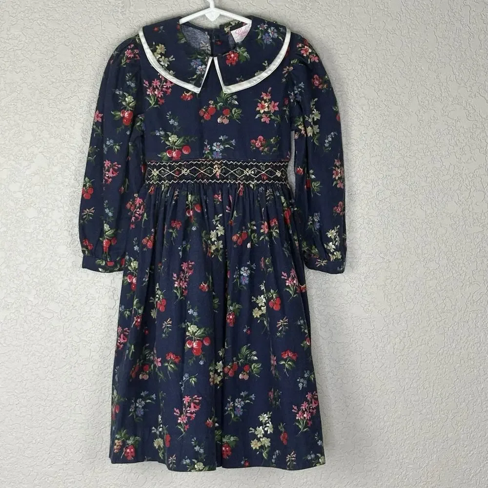 Vtg SOPHIE DESS Girl's Smocked Bishop Dress Floral Midi Peter Pan Collar Size 4